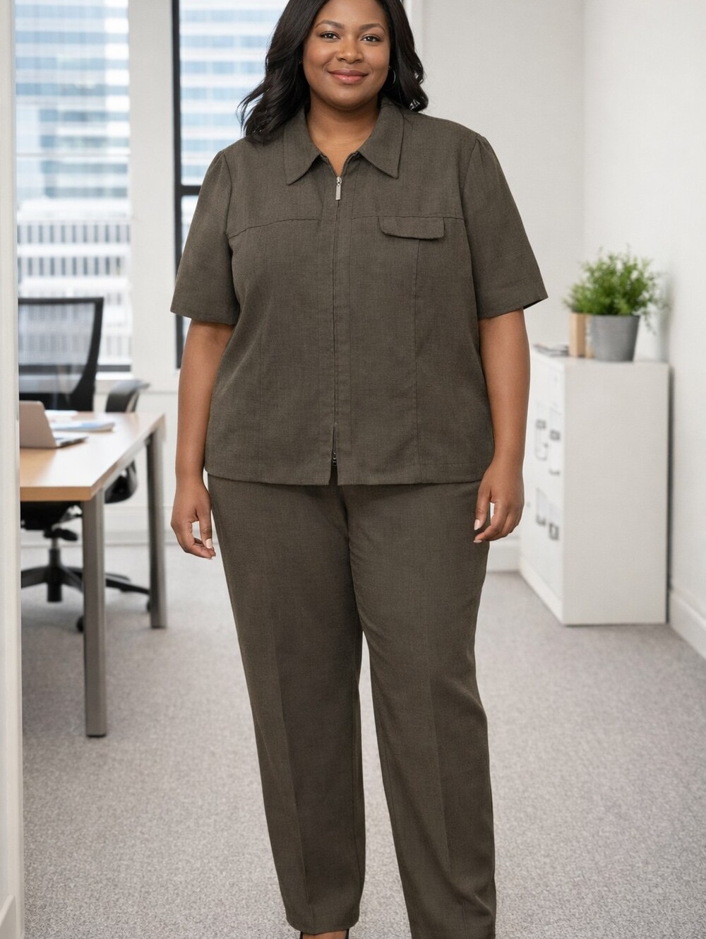 Plaza South Plus Size Pant Suit Set Zip Front Short Sleeve Olive Green